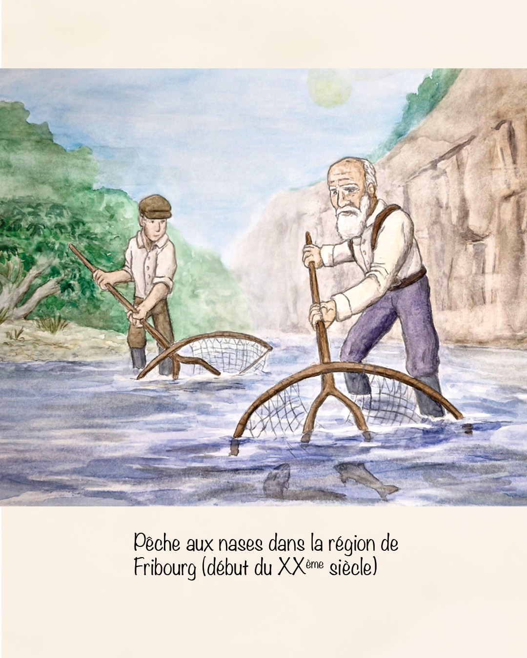 Pêche aux nases dans la région de Fribourg (début du 20ème siècle).